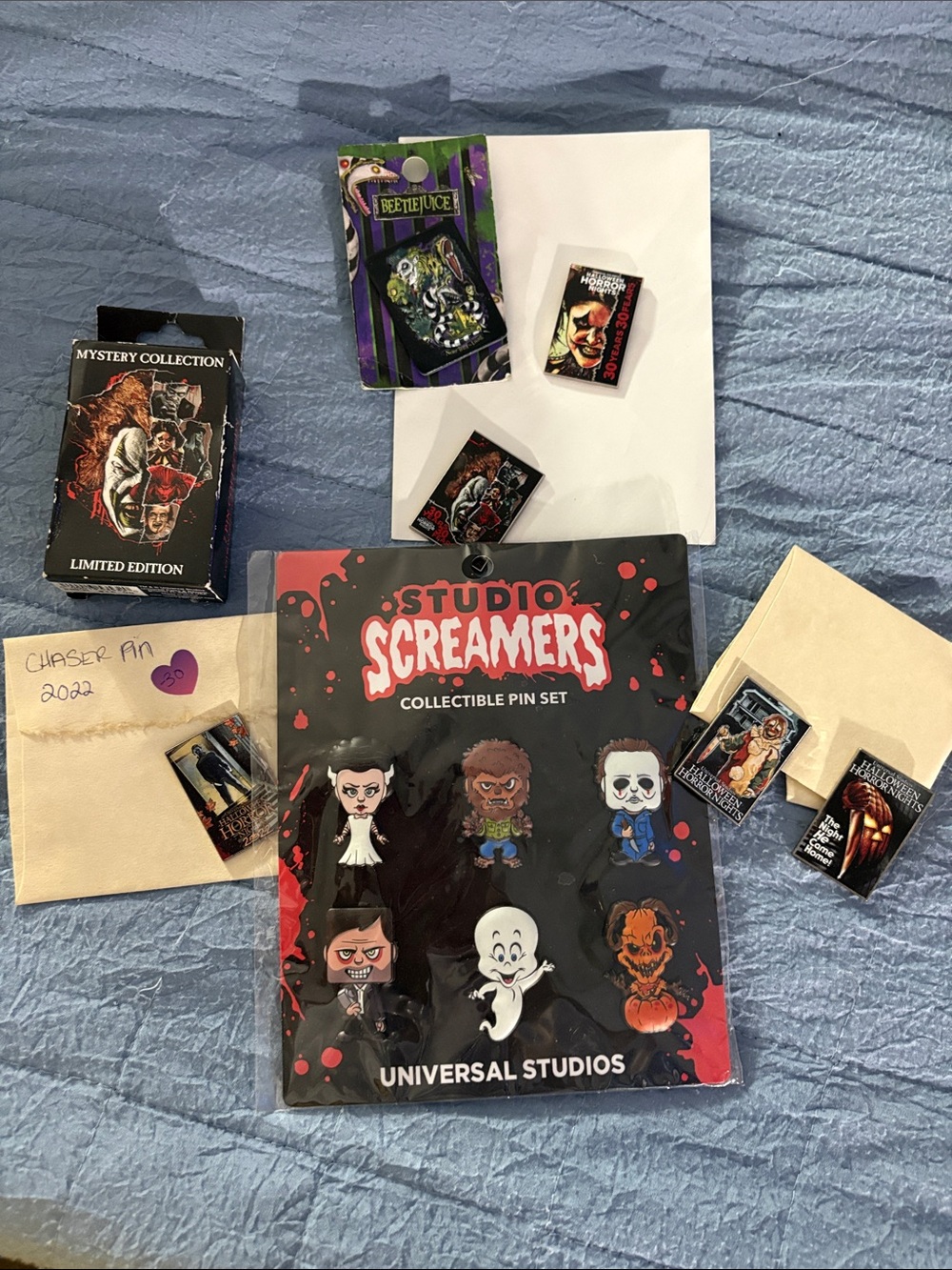 Lot of HHN universal mystery pins & new pins & lanyard unopened box 30th & more!